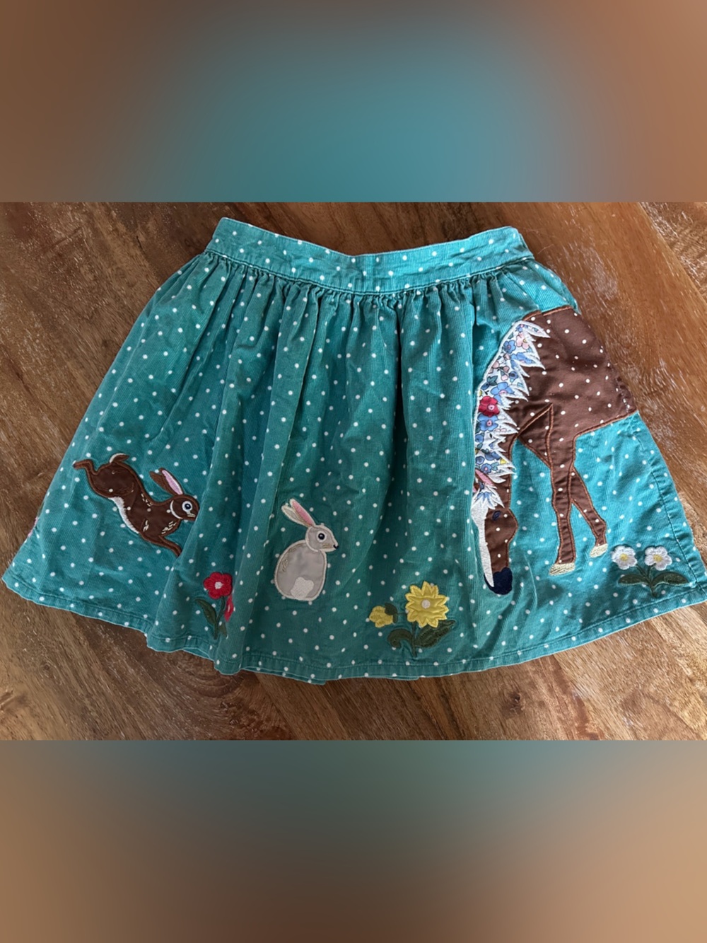 Mini Boden teal Polka Dot Corduroy Horse Bunny Appliqué Skirt Girls [9-10 years